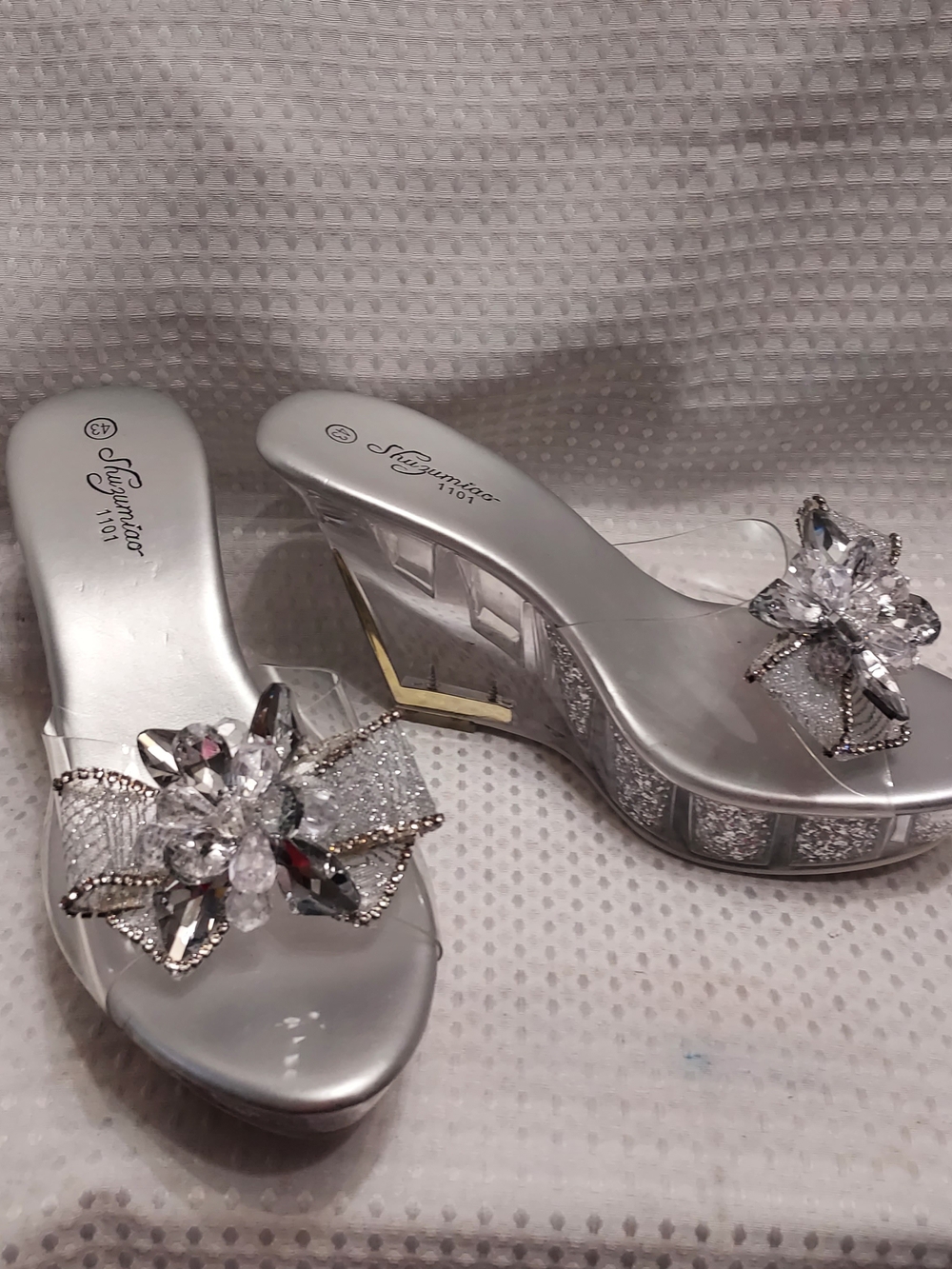 Silver Crystal-Embellished Wedge Mules